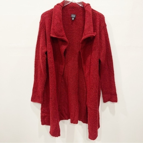 Eileen Fisher Chunky Knit Open Front Cardigan Sweater Coat Wool Knit Medium Red - Picture 1 of 8